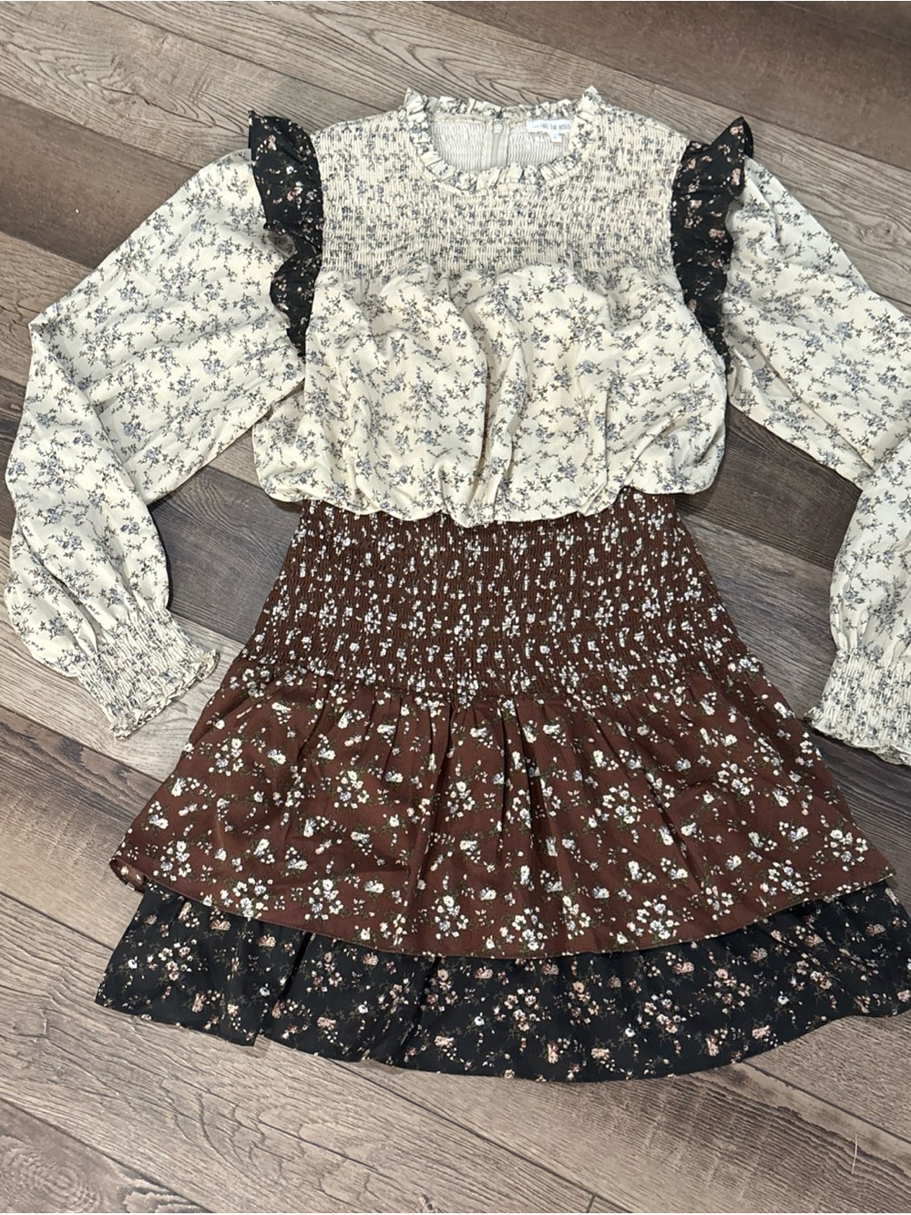 Anthropologie Free the Roses Cream, Brown & Black Floral Midi Dress